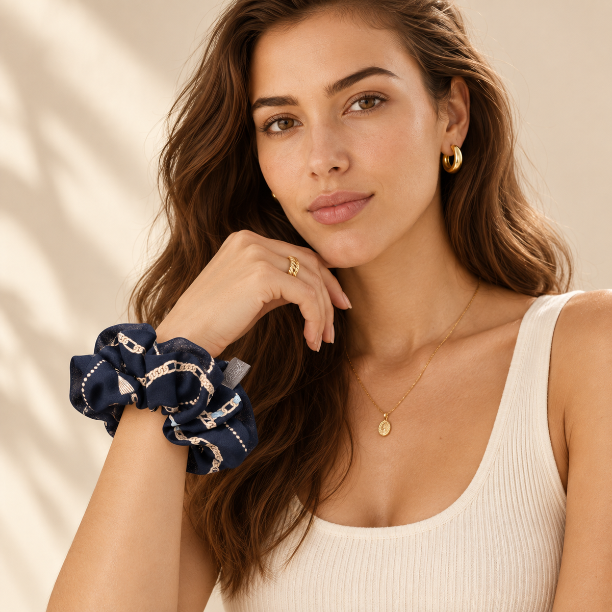 The Heritage — Navy Chain-Print Chiffon Scrunchie, Medium HAR1003