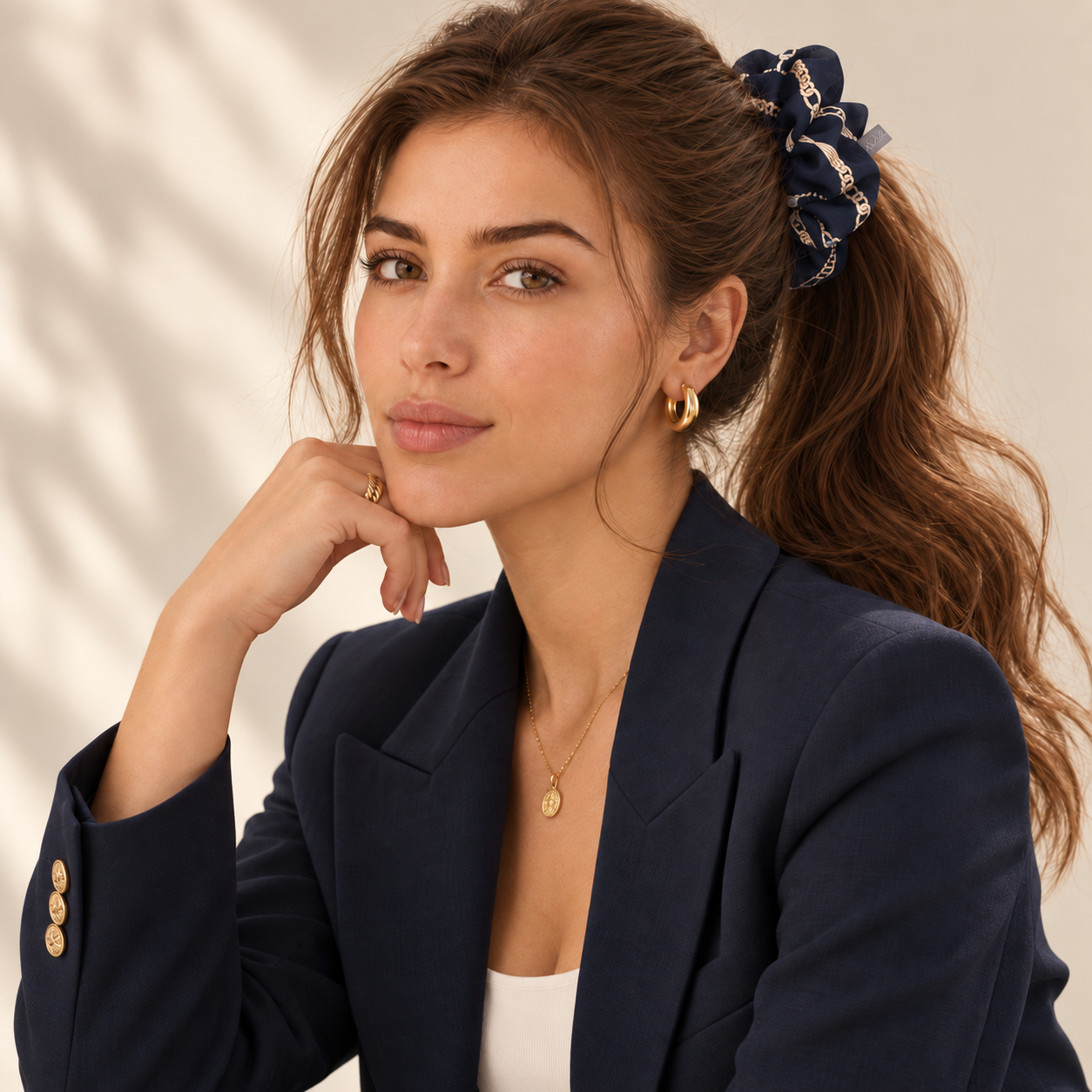 The Heritage — Navy Chain-Print Chiffon Scrunchie, Medium HAR1003