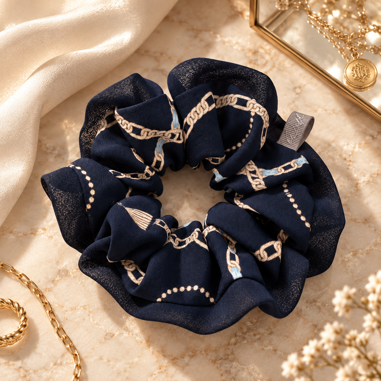 The Heritage — Navy Chain-Print Chiffon Scrunchie, Medium HAR1003