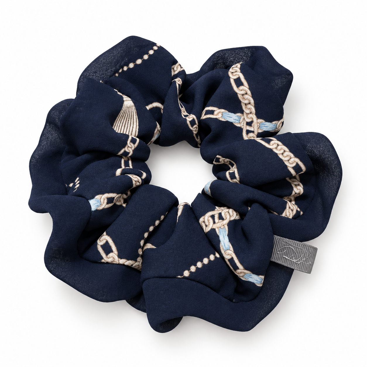 The Heritage — Navy Chain-Print Chiffon Scrunchie, Medium HAR1003