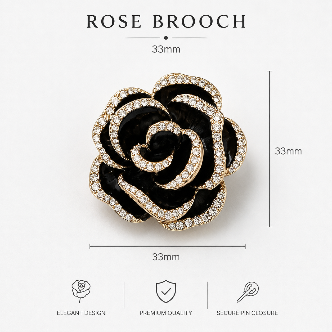 Black Crystal Rose Brooch- BRO1001